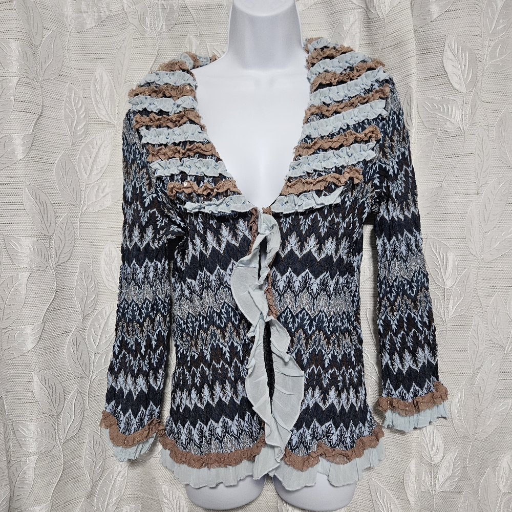 Navy Blue and Tan Ruffle Cardigan With Sequins Flared Arm Sleeves 90s Vintage